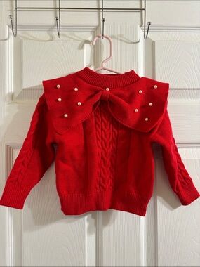 Red Pearl-Embellished bow Cable Knit Sweater